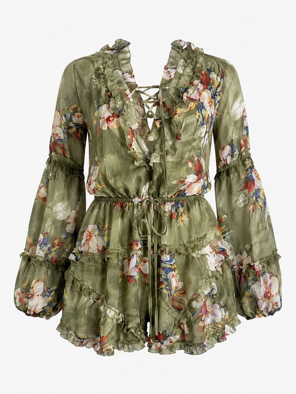 Olive Green Floral Ruffle Two-Piece Set